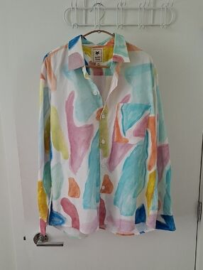 Happi Space Vibrant Rainbow Print Oversized/Relaxed Button-up Shirt (Size XL)
